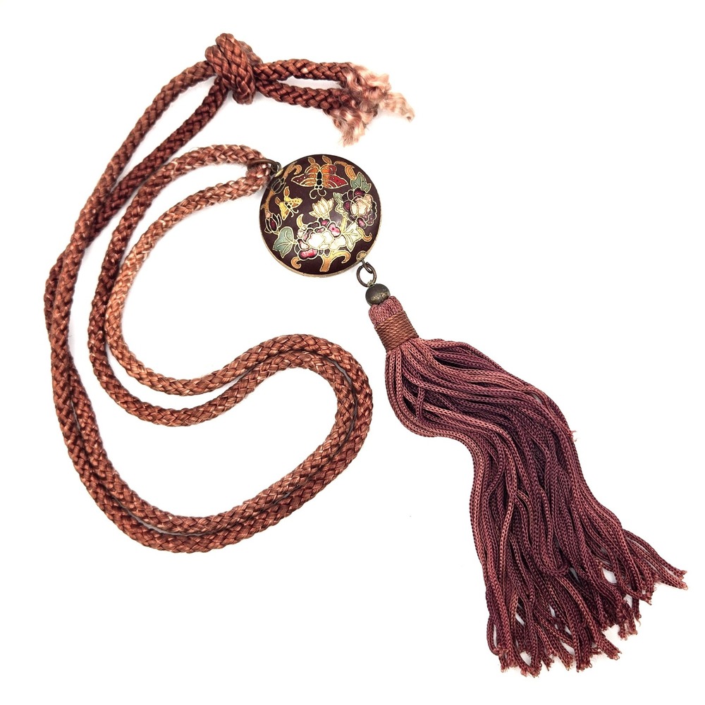Vintage Brown Floral Butterfly Cloisonne Brass Pendant Necklace with Tassel